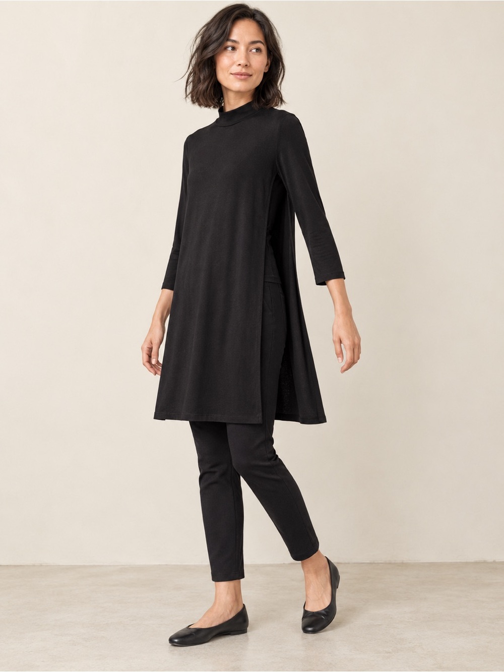 Eileen Fisher XXS Black Tencel Mock Neck Open Side Layering Tunic Top